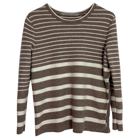 EUC Athleta Striped Kennewick Side Slit Pullover Sweater Tan Cream Womens XXS - Picture 2 of 15
